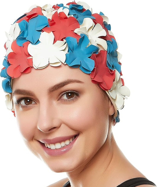BEEMO Floral Petal Ladies Bathing Swim Cap Women Retro Swim Hat Long/Short Hair-StrideForce Fitness