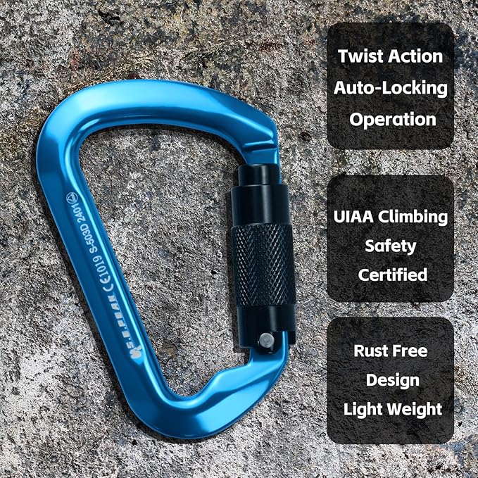 SEPEAK UIAA 30kN Climbing Carabiner Clips, Professional Heavy Duty Twist Locking Carabiners for Climbing,Mountaineering, Rappelling, Camping, Hiking, Swings, Large D Ring Hooks-StrideForce Fitness