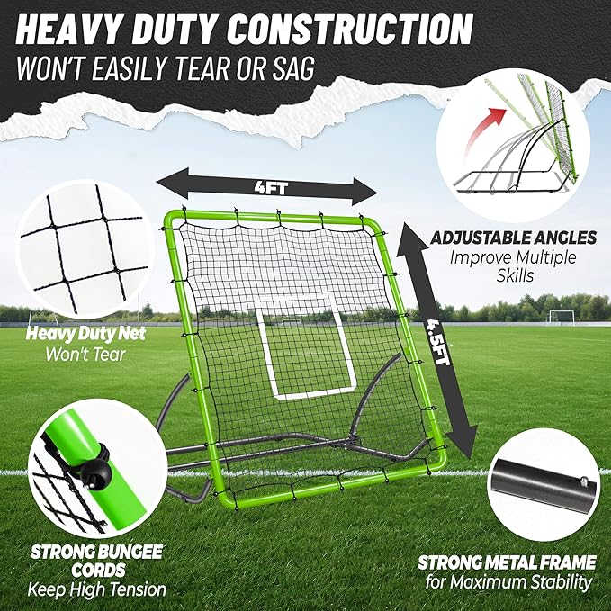 Heavy Duty Baseball Rebounder Net 4x4.5 FT Pitchback with 3 Adjustable Angles, Baseball and Softball Bounce Back Net for Ground, Line Drive, Fly Ball Return Settings Fielding Trainer-StrideForce Fitness
