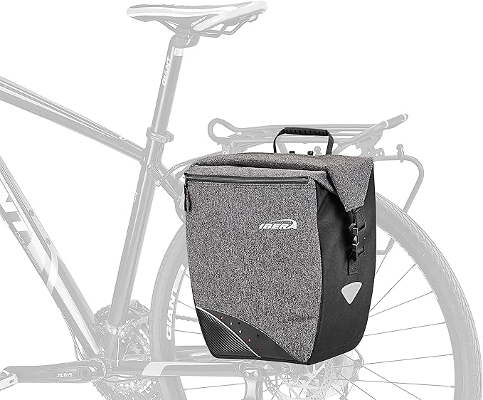 Ibera G-2 PakRak Pro Panniers Bike Bags (Pair) with Quick Release/Clip-On System - Bike Saddle Bags For Rear Rack Each with 19.8 lbs Capacity - Reflective Saddle Bag Bicycle, Fits Most Racks (Grey)-StrideForce Fitness