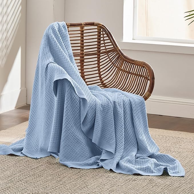 Bedsure 100% Cotton Large Throw Blanket for Couch 50x70 inches - Breathable and Soft, Waffle Weave Throw Blanket for Office, Sky Blue-StrideForce Fitness