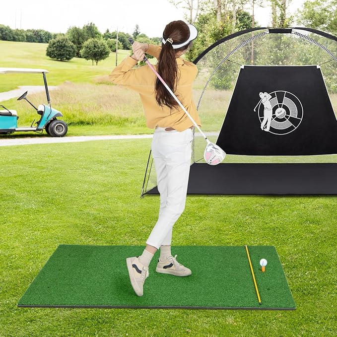 Tangkula Golf Hitting Mat, Artificial Turf Mat for Indoor/Outdoor Golf Practice Includes 2 Rubber Tees & 2 Alignment Sticks, Golf Training Mat for Home Backyard Garage-StrideForce Fitness