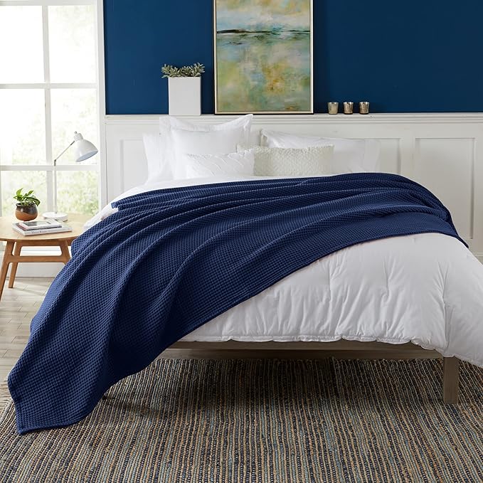 100% Cotton Waffle Weave Bed Blanket | Soft, Breathable, and Lightweight Blanket for All-Season | Perfect for Layering | Brielle Collection (King, Navy)-StrideForce Fitness