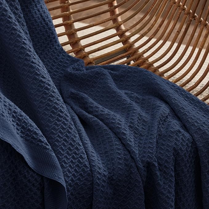 Bedsure 100% Cotton Blanket Queen Size for Bed - Breathable and Soft, Waffle Weave Blanket for Summer, Thick Cozy Fall Blankets for Women Gift, Pageant Blue, 90x90 Inches-StrideForce Fitness