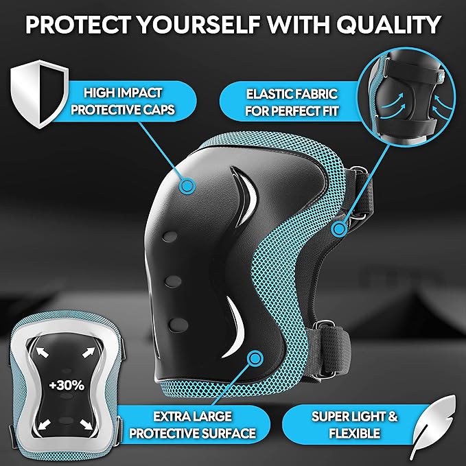 SKATEWIZ Skating Protective Gear Adults & Kids [6pc] incl. Knee Pads, Elbow Pads Wrist Guards for Roller Skating & Skateboarding-StrideForce Fitness