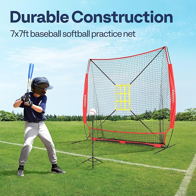 VIVOHOME Baseball Softball Hitting Net with Large Ball Collection System, 7 x 7 ft Baseball Batting Pitching Net with Tee, 2 Strike Zone, Carry Bag-StrideForce Fitness