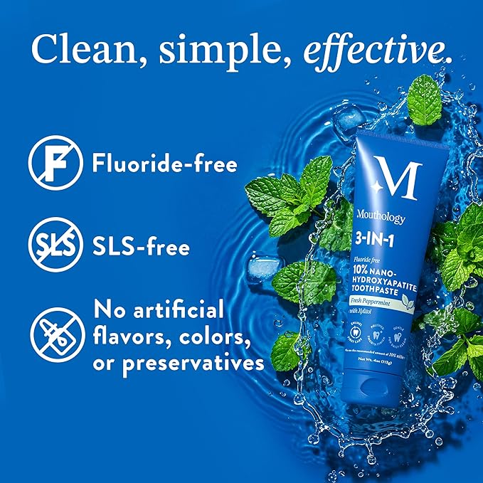 Mouthology 10% Nano Hydroxyapatite Toothpaste (3pk, Fluoride Free), Whitening*, Supports Enamel Care*, Appropriate for Sensitive Teeth*, SLS Free, Xylitol nHA Toothpaste Adults, Mint 4oz (USA Made)