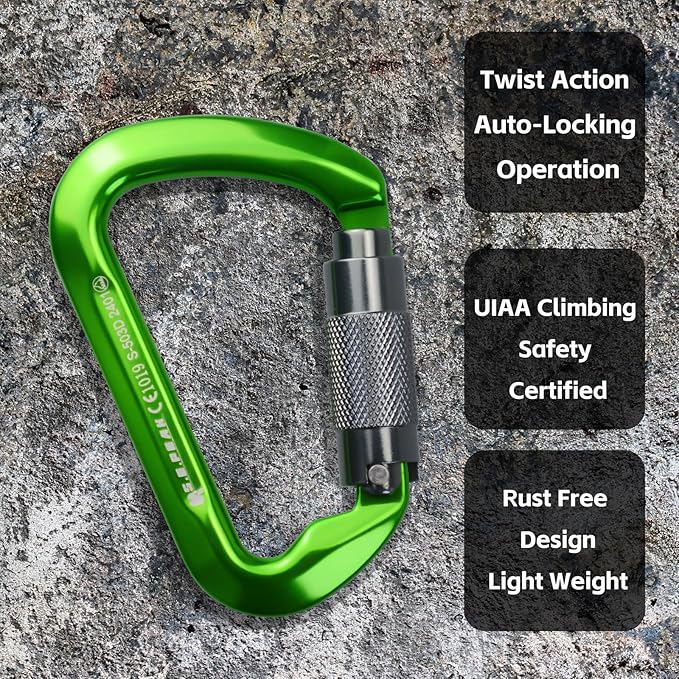 SEPEAK UIAA 30kN Climbing Carabiner Clips, Professional Heavy Duty Twist Locking Carabiners for Climbing,Mountaineering, Rappelling, Camping, Hiking, Swings, Large D Ring Hooks-StrideForce Fitness