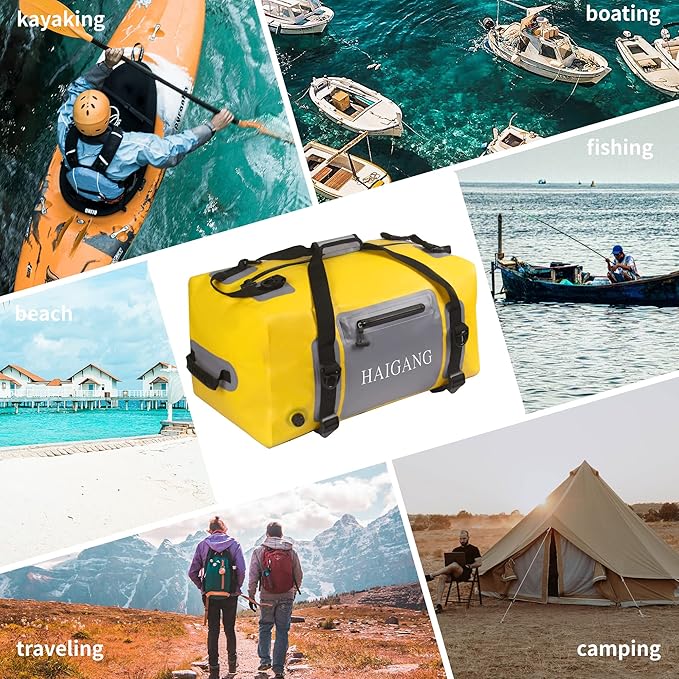 110L Waterproof Duffel Bag Heavy Duty Dry Bag Outdoors Large Storage Sack Zipper Marine Duffle Motorcycle Luggage,Strap Adjustable for Kayaking,Boating,Camping,Beach Rafting Fishing Yellow-StrideForce Fitness