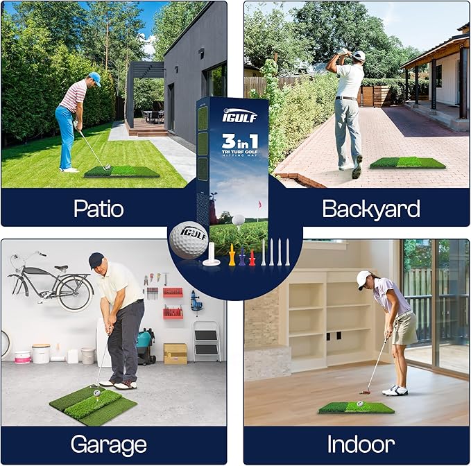 Tri-Turf 3-in-1 Golf Hitting Mat - XL 24"x24" Foldable Practice Pad w/Adjustable Tees, Non-Slip EVA Foam Base, Indoor & Outdoor Use for Chipping, Driving, Swing Training, Backyard or Garage-StrideForce Fitness