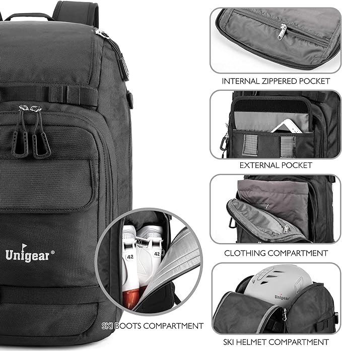 Unigear Ski Boot Bag Backpack for Helmet 50L/70L, Goggles, Gloves, Skis, Snowboard & Accessories (Black)-StrideForce Fitness