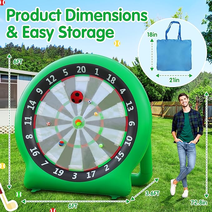 6FT Inflatable Dartboard, Giant Kick Darts Soccer Darts Golf & Throw Dart with Air Pump, Giant Outdoor Games, Blow up Soccer Dart for Yard Party Large Dartboard for Kids & Adults 20+Games-StrideForce Fitness