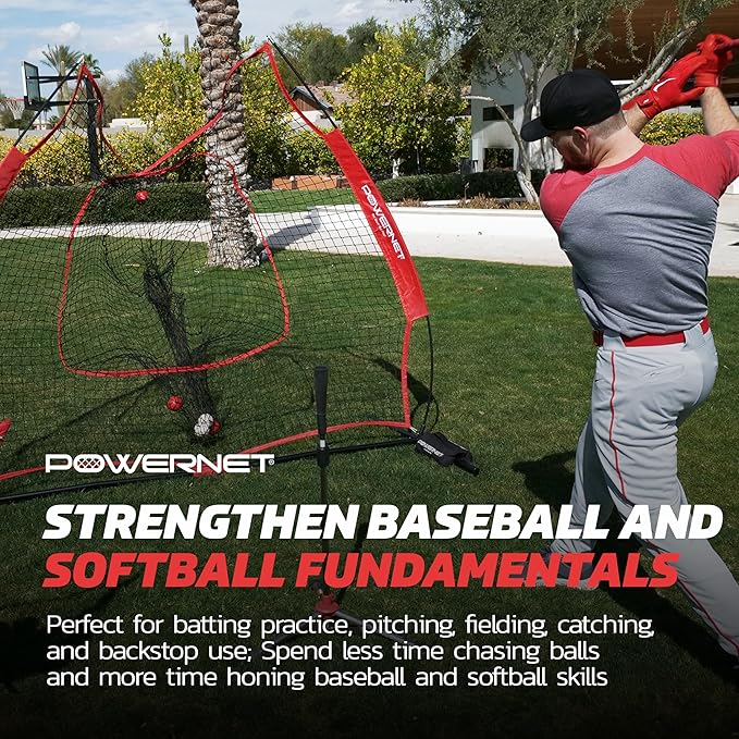 PowerNet Baseball Softball Practice Net 7x7 with Baseball Accessories for Practice Pitching, Batting & Fielding, Ball Caddy, Weighted Baseballs, Tee-StrideForce Fitness