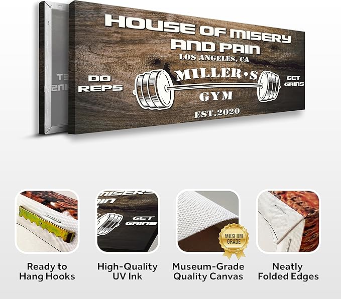 Tailored Canvases Personalized Gym Sign Wall Art Decor - Motivational Canvas for Home Gym, Workout Room, Garage, Fitness Center - Workout Inspirational Posters - House of Misery and Pain, Wooden 48x16in-StrideForce Fitness