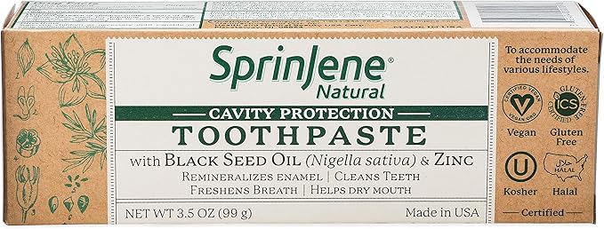 SprinJene Natural Fluoride Toothpaste – Natural Toothpaste for Gum Health & Cavity Protection – Patented Black Seed Oil & Zinc Formula for Healthy Teeth & Gums – Made in The USA (1 Pack)