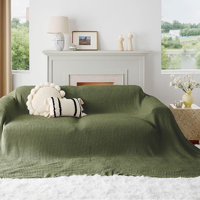 Bedsure 100% Cotton Large Blanket Oversized King for Bed - Breathable Thick Waffle Weave Blanket for Summer, Couch Cover, Olive Green, 120x94 inches-StrideForce Fitness