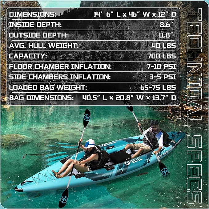 UPWELL 11'/14'6”Inflatable Kayak with Drop Stitch Floor and Accessories Including Kayak Seat with Thickened Cushion, Paddle, Fin, Repair Kits, Carry Bag and Hand Pump-StrideForce Fitness