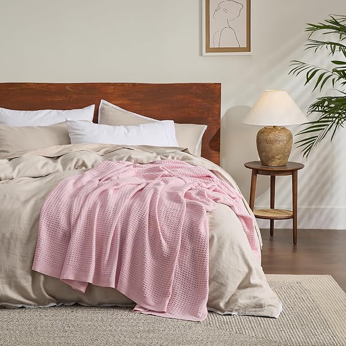Bedsure 100% Cotton Blanket Queen Size for Bed - Breathable and Soft, Waffle Weave Blanket for Summer, Thick Cozy Fall Blankets for Women Gift, Pink, 90x90 Inches-StrideForce Fitness
