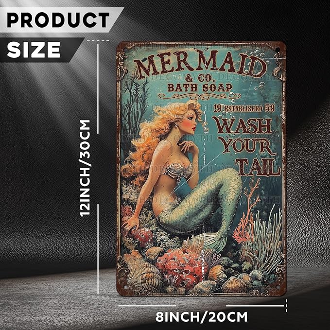 Retro Mermaid Tin Sign Wash Your Tail Vintage Metal Poster Funny Bath Soap Wall Art Toilet Bathroom Man Cave Bar Cafe Indoor Living Room Garage 12 * 8inch-StrideForce Fitness