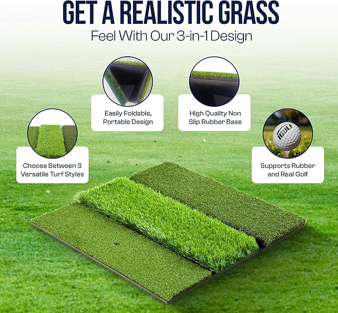 Tri-Turf 3-in-1 Golf Hitting Mat - XL 24"x24" Foldable Practice Pad w/Adjustable Tees, Non-Slip EVA Foam Base, Indoor & Outdoor Use for Chipping, Driving, Swing Training, Backyard or Garage-StrideForce Fitness