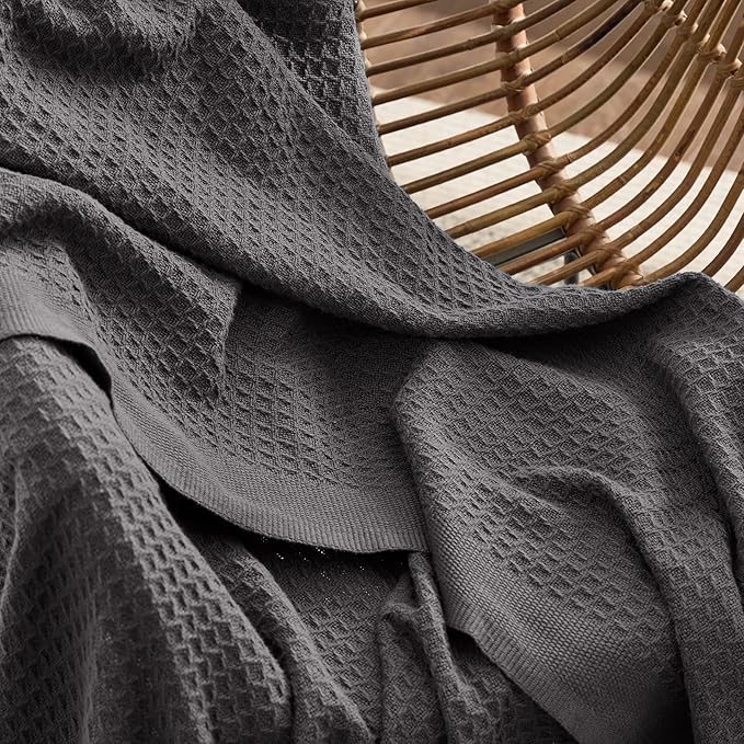 Bedsure 100% Cotton Blanket Queen Size for Bed - Breathable and Soft, Waffle Weave Blanket for Summer, Thick Cozy Fall Blankets for Women Gift, Dark Grey, 90x90 Inches-StrideForce Fitness