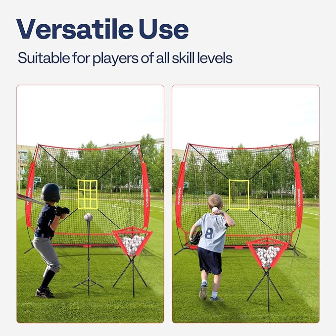 VIVOHOME Baseball Softball Hitting Net with Large Ball Collection System, 7 x 7 ft Baseball Batting Pitching Net with Tee, 2 Strike Zone, Carry Bag-StrideForce Fitness
