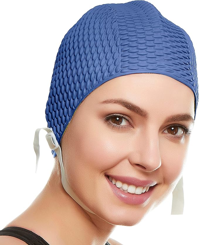 Beemo Swim Cap Women Chin Strap Bubble Crepe Latex Long Short Hair Swimming Caps-StrideForce Fitness