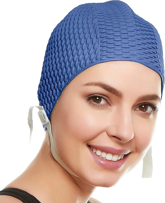 Beemo Swim Cap Women Chin Strap Bubble Crepe Latex Long Short Hair Swimming Caps-StrideForce Fitness