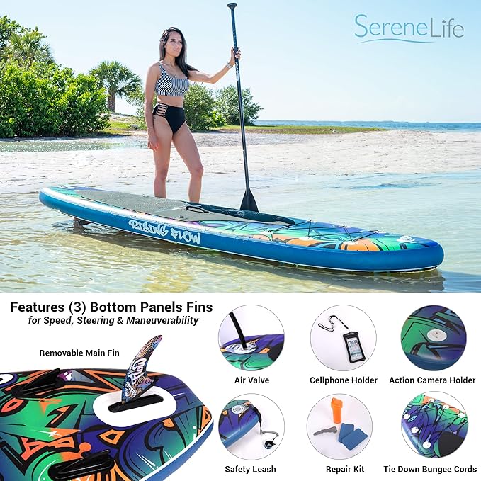SereneLife Inflatable Stand Up Paddle Board with Premium SUP Accessories – Wide Stable Design with Non-Slip EVA Deck Pad for Adults and Youth of All Skill Levels-StrideForce Fitness