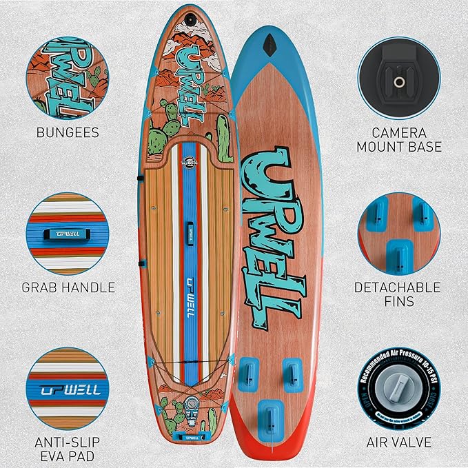 UPWELL 11’6”/11'2”/11'/10'8”/10'6”/10'2” Inflatable Stand Up Paddle Board with sup Accessories Including Backpack, Repairing Kits, Non-Slip Deck, Leash, 3 Fins, Paddle and Hand Pump-StrideForce Fitness