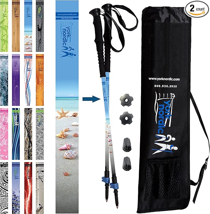 York Nordic Hiking & Walking Poles - Cushion Foam Grips w/Nordic Strap - Lightweight, Adjustable, and Great for Balance -2 Pieces w/Flip Locks, and Travel Bag - Heights 5'4"-6'2"-StrideForce Fitness