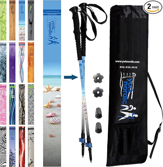 York Nordic Hiking & Walking Poles - Cushion Foam Grips w/Nordic Strap - Lightweight, Adjustable, and Great for Balance -2 Pieces w/Flip Locks, and Travel Bag - Heights 5'4"-6'2"-StrideForce Fitness