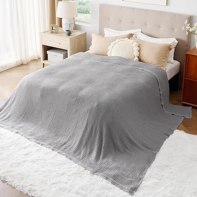 Bedsure 100% Cotton Large Blanket Oversized King for Bed - Breathable Thick Waffle Weave Blanket for Summer, Couch Cover, Grey, 120x94 inches-StrideForce Fitness