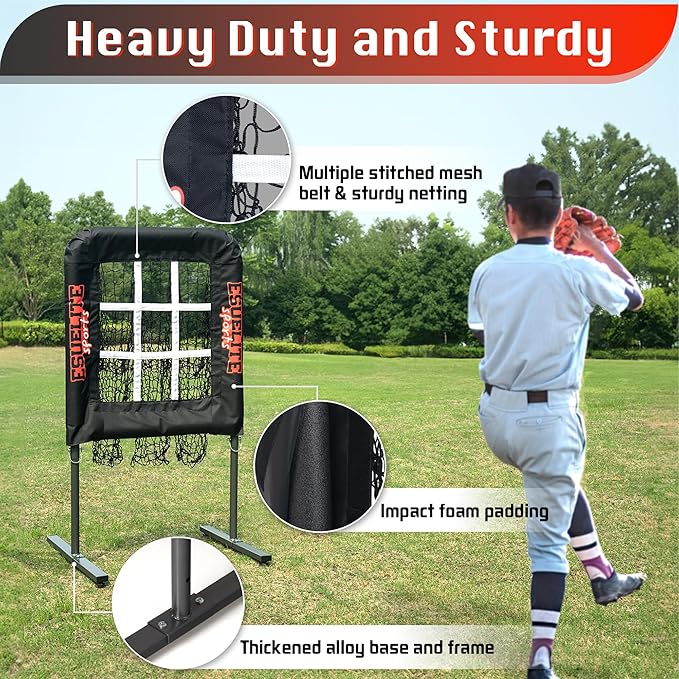 Heavy-Duty 9 Hole Pitching Net with Strike Zone, Baseball/Softball Pitching Target, Portable Height-Adjustable Pitcher Training Equipment, Includes 4 Ground Stakes and 2 Sandbags-StrideForce Fitness
