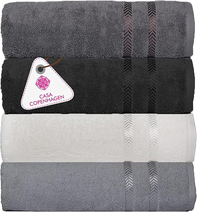CASA COPENHAGEN Ember, 500 GSM, 27x55 Inches Large Bath Towels, Set of 4 Towels, Super Soft and Absorbent, Egyptian Cotton Towels for Bathroom & Shower - Light Grey +White +Black +Dark Grey-StrideForce Fitness
