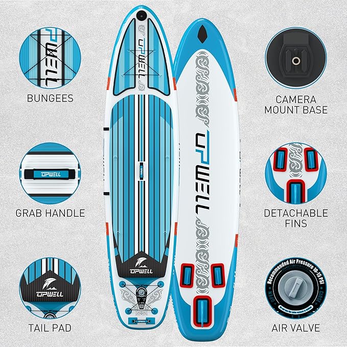 UPWELL 11’6”/11'2”/11'/10'8”/10'6”/10'2” Inflatable Stand Up Paddle Board with sup Accessories Including Backpack, Repairing Kits, Non-Slip Deck, Leash, 3 Fins, Paddle and Hand Pump-StrideForce Fitness