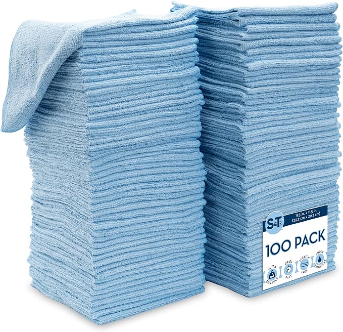 S&T INC. 100 Pack Microfiber Cleaning Cloth, Bulk Towels for Home, Reusable Microfiber Towels for Cars, Cleaning Rags, Light Blue, 11.5 Inches x 11.5 Inches, 100 Count-StrideForce Fitness
