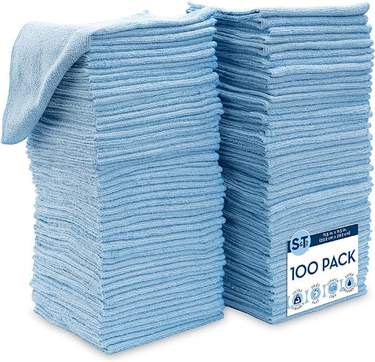 S&T INC. 100 Pack Microfiber Cleaning Cloth, Bulk Towels for Home, Reusable Microfiber Towels for Cars, Cleaning Rags, Light Blue, 11.5 Inches x 11.5 Inches, 100 Count-StrideForce Fitness