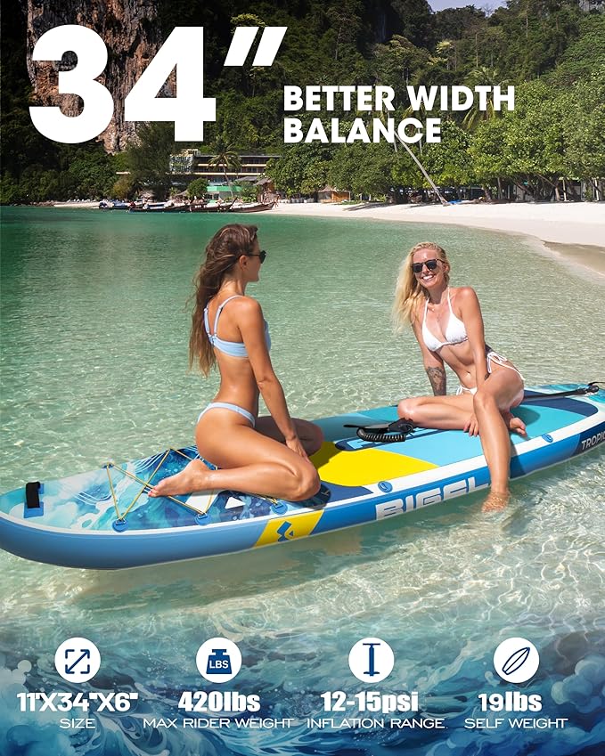 Bigfly Inflatable Stand Up Paddle Board 11’*34”*6”, Blow Up Paddle Board for Adults,with Detachable Fins, Pump, Floating Paddle, Safety Leash,Backpack-StrideForce Fitness