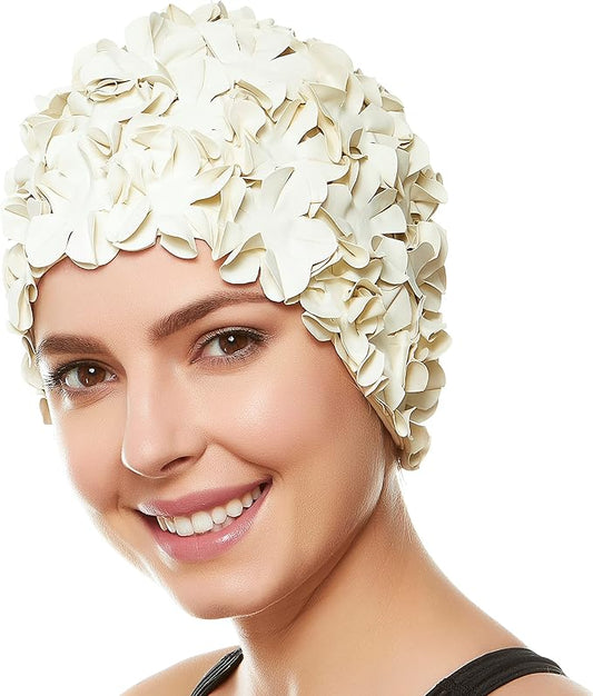 BEEMO Floral Petal Ladies Bathing Swim Cap Women Retro Swim Hat Long/Short Hair-StrideForce Fitness