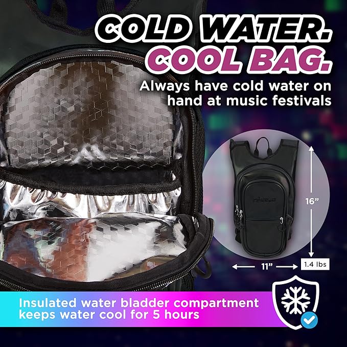 Rave Hydration Backpack – Anti-Theft Festival Hydration Pack with 1.5L Leakproof TPU Bladder – Slim, Insulated Water Pack with Secret Pockets & Breathable Back – for Raves, Music Festivals, EDC-StrideForce Fitness