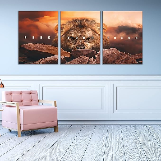 Motivational Wall Art Inspirational Wall Art 3 Pieces Canvas Poster Wall Painting Lion Artwork for Living Room Bedroom Home Decor Prints Pictures Office Wall Decor Framed Ready to Hang 60''Wx 28''H-StrideForce Fitness