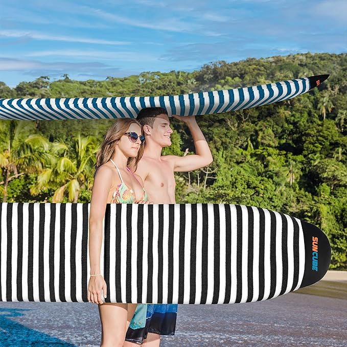 SUN CUBE Surfboard Sock Cover, Protective Surf Bag for Surfing Board, Light Stretchy Surfbag Sleeve for Longboard, Hybrid (8'6'', Black White)-StrideForce Fitness