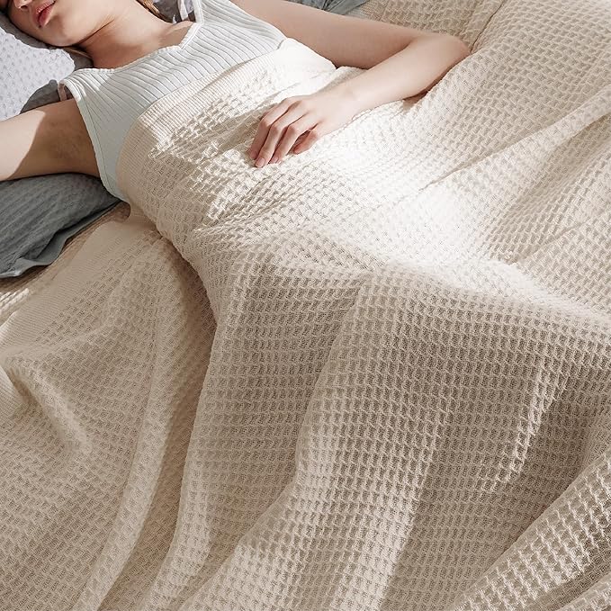 Bedsure 100% Cotton Large Blanket Oversized King for Bed - Breathable Thick Waffle Weave Blanket for Summer, Couch Cover, Khaki (a Little Bit Yellow), 120x94 inches-StrideForce Fitness