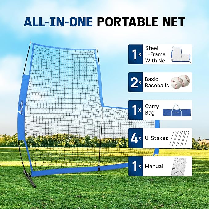 Yes4All Portable L-Screen Baseball 7x7ft with 2 Baseballs, Rubber Wheels - L Screen Baseball for Batting Cage, Protective Pitching Screen Net Double Layers, Carry Bag Included-StrideForce Fitness