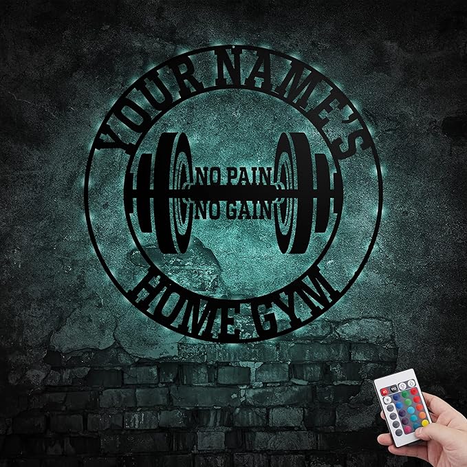 Personalized Home Gym LED Tin Metal Sign Multiple Sizes, Gym Sign Wall Decor, Exercise Workout Room Decor Fitness Center, Motivational Inspirational Hanging Wall Art Wall Plaque (03 w/lights)-StrideForce Fitness