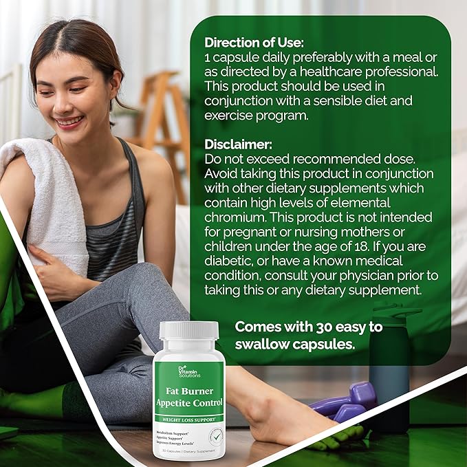 DR VITAMIN SOLUTIONS Fat Burner & Appetite Control Weight Loss Supplements for Women & Men - Metabolism Booster w/L-Carnitine, CLA, Chromium - Appetite Suppressant for Weight Loss - 30 Capsules-StrideForce Fitness