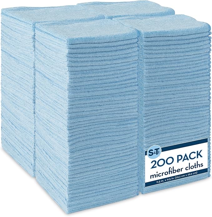 S&T INC. 200 Pack Microfiber Cleaning Cloth, Bulk Towels for Home, Reusable Microfiber Towels for Cars, Cleaning Rags, Light Blue, 11.5 Inches x 11.5 Inches, 200 Count-StrideForce Fitness