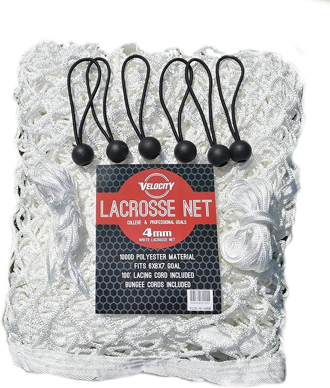 Velocity Heavy Duty Black & White Lacrosse Net - Fits 6’x6’x7’ Goals - Weatherproof, UV Resistant 1000D High-Strength Polyester - Comes with 100+ Feet of Lacing Cord and 4 Quick Ties-StrideForce Fitness