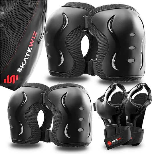 SKATEWIZ Skating Protective Gear Adults & Kids [6pc] incl. Knee Pads, Elbow Pads Wrist Guards for Roller Skating & Skateboarding-StrideForce Fitness